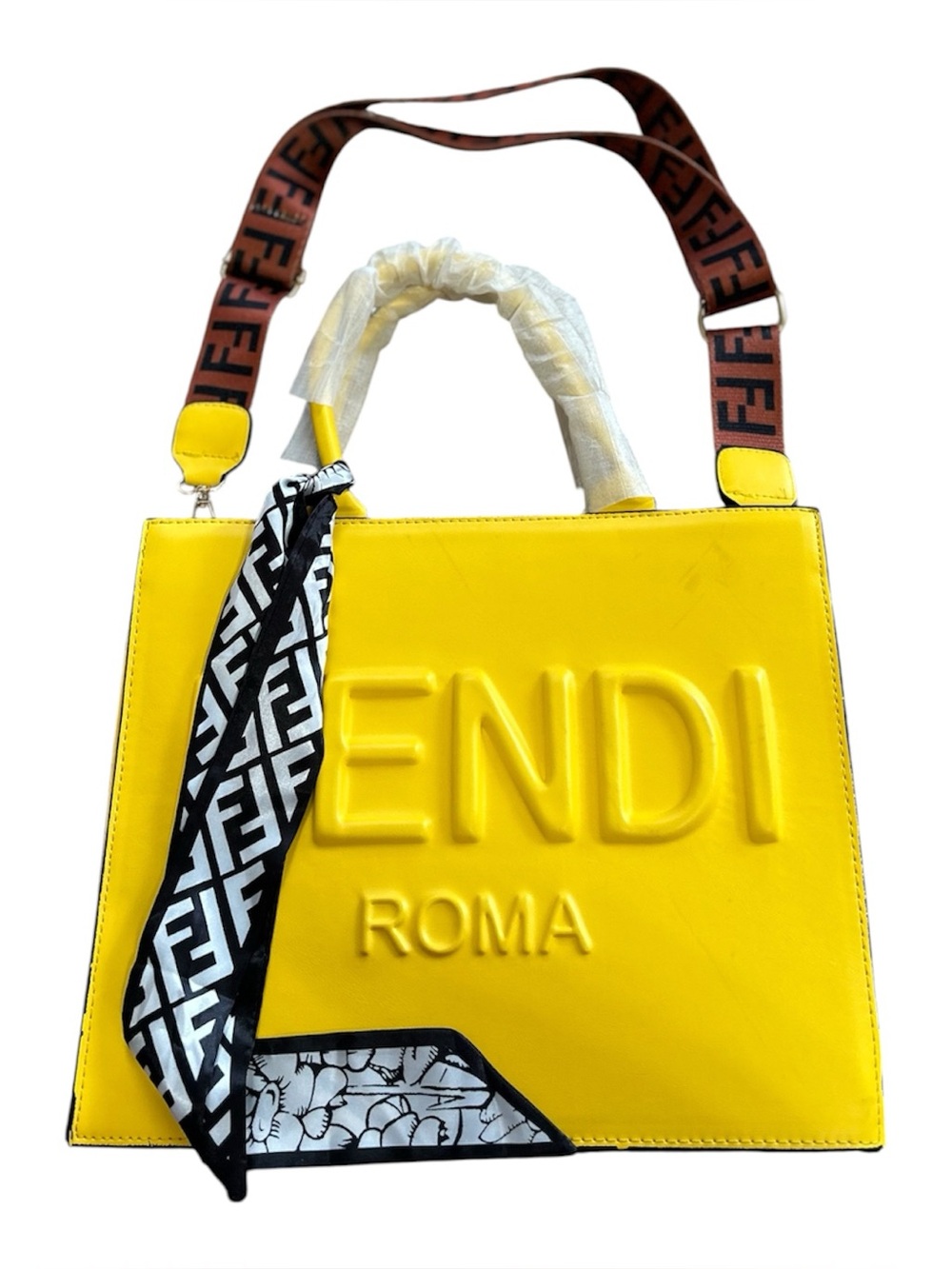 Fendi Yellow Roma Embossed Leather Tote with FF Logo Strap